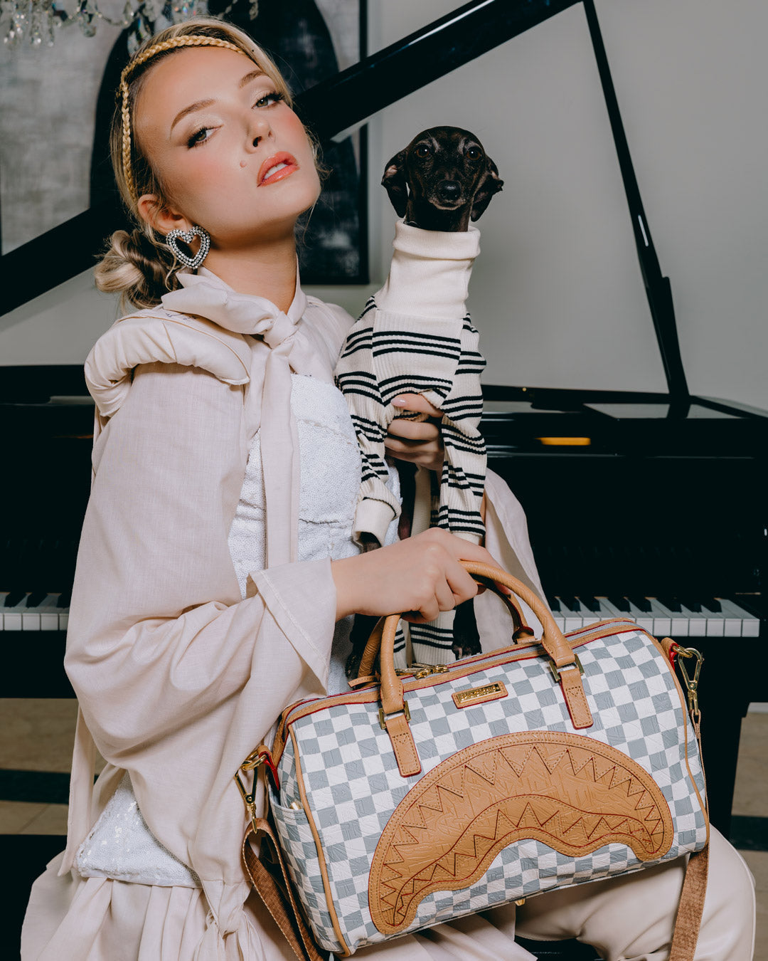 EMBOSSED CREAM CHECK MINI DUFFLE