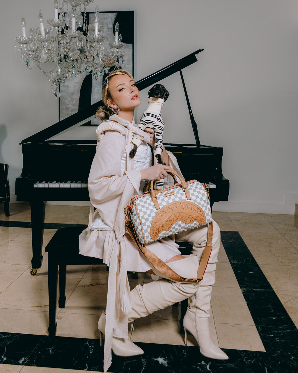 EMBOSSED CREAM CHECK MINI DUFFLE