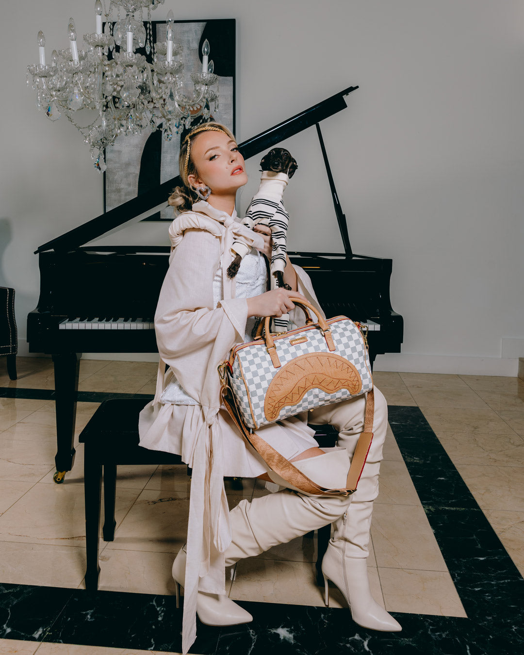 EMBOSSED CREAM CHECK MINI DUFFLE